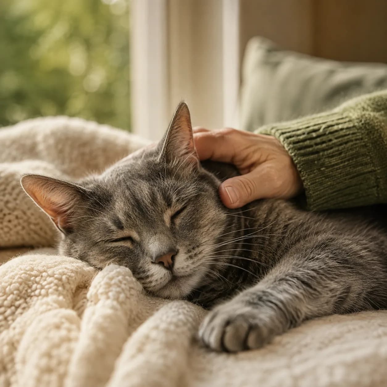 A gray cat resting on a blanket beside a window.