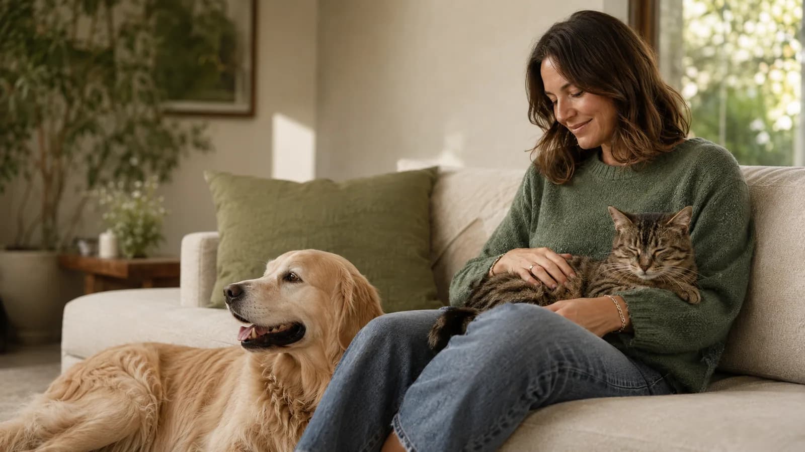 A dog and cat relaxing with their owner at home.