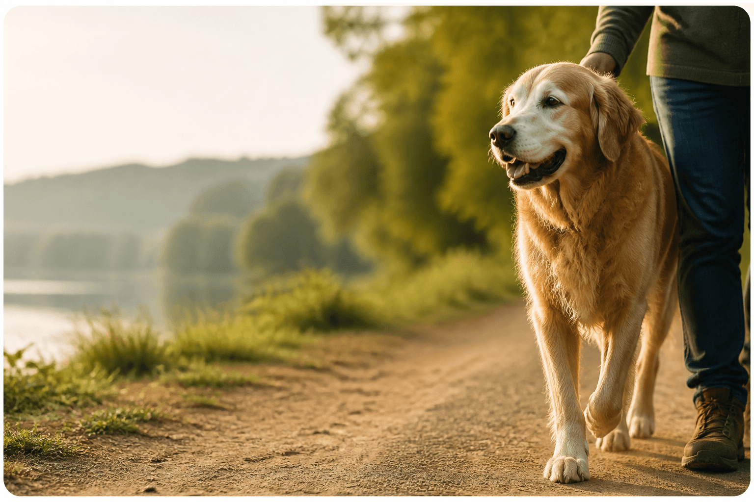A senior golden retriever walking beside their owner outdoors