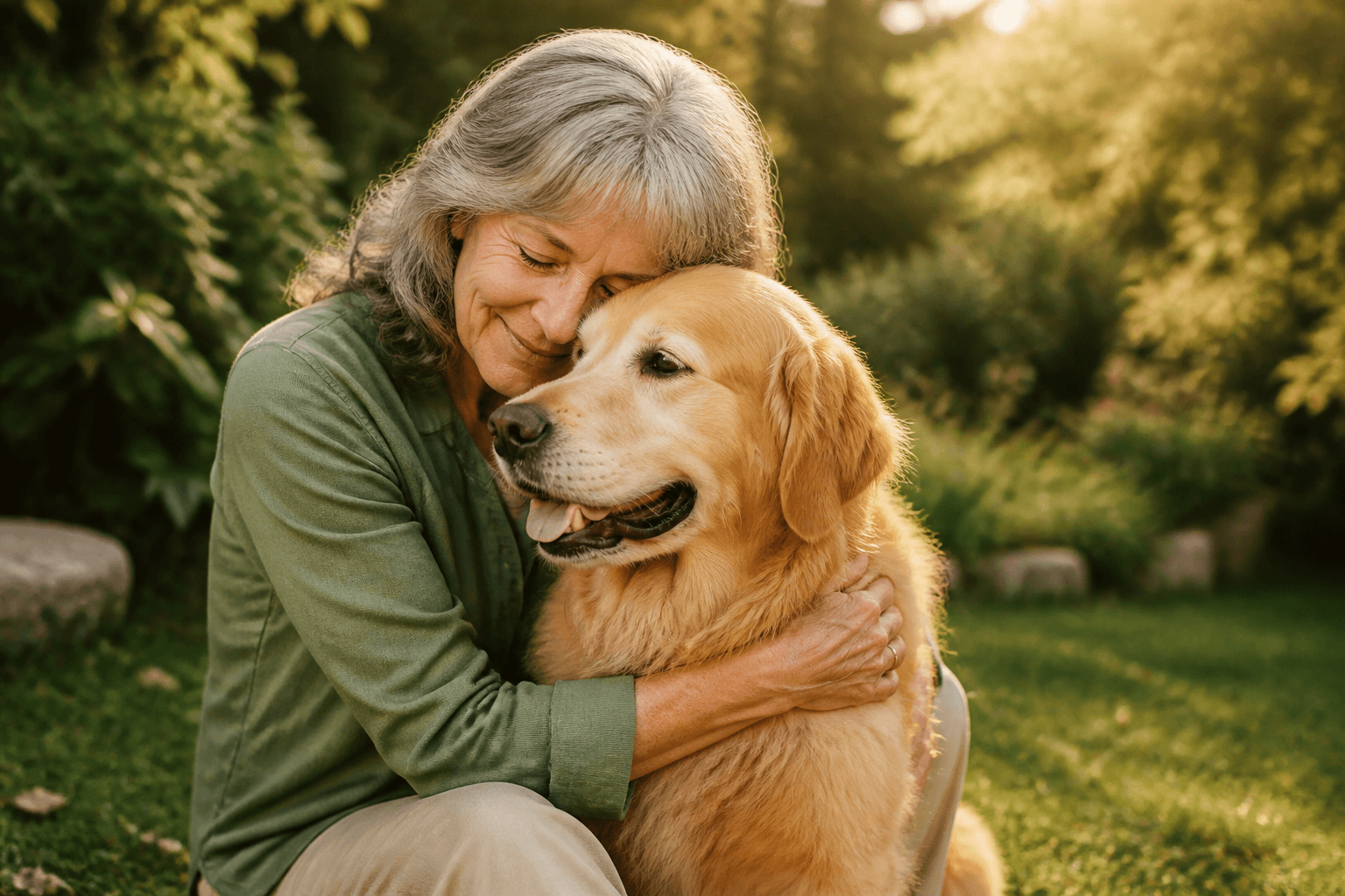 An older woman affectionately hugging a golden retriever outdoors in warm natural light